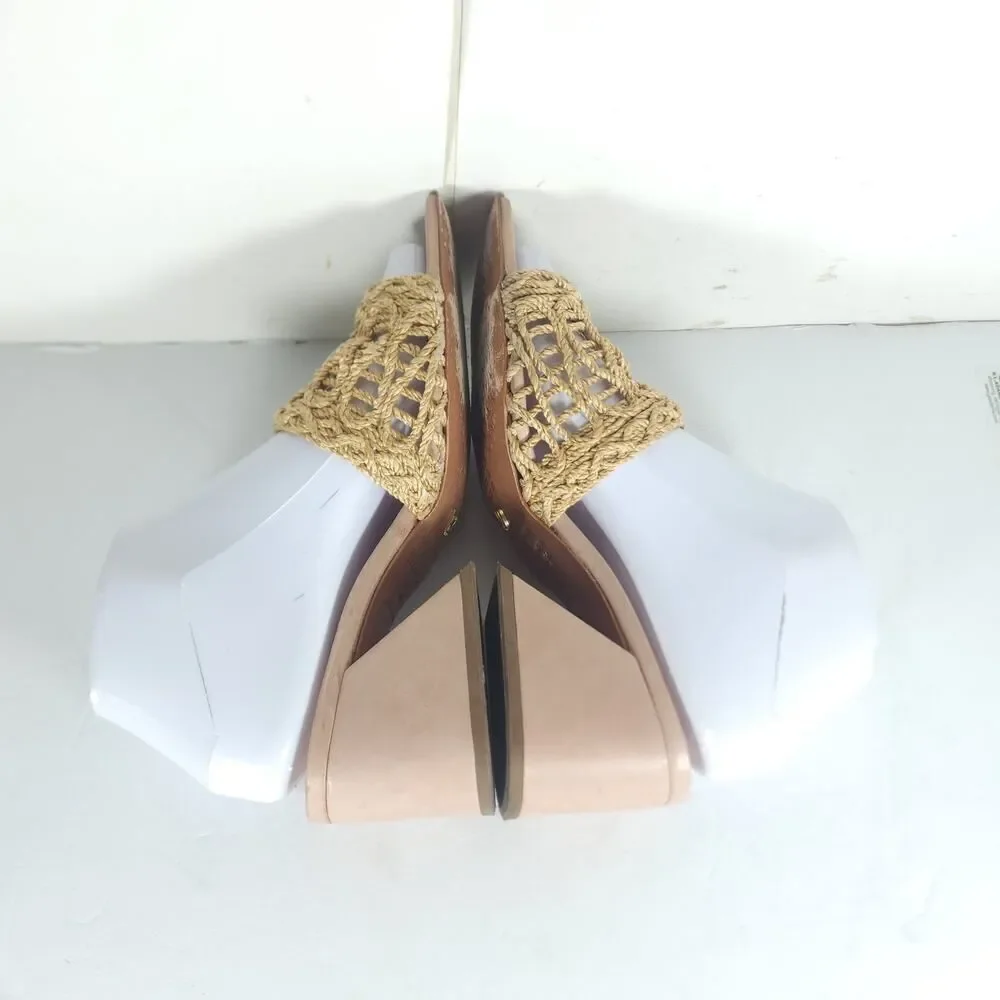 Vicenza Anthropologie Women's US6 Tan Woven Raffia Block Heel Slide Sandals